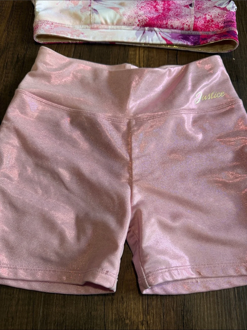 Justice Pink Shimmer Bike‎ Shorts with Pink Watercolor Sports Bra